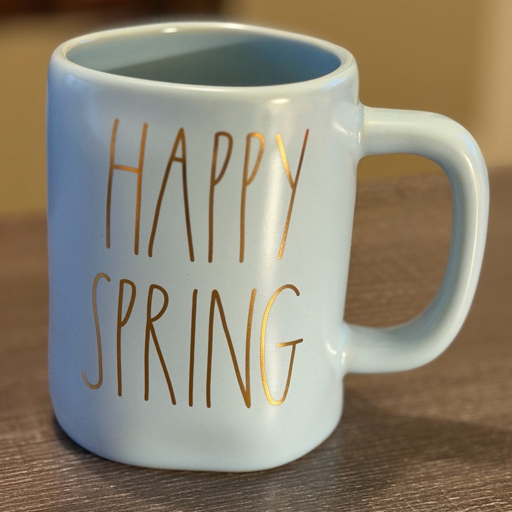 Rae Dunn Light Blue Mug with Gold Text Happy Spring
